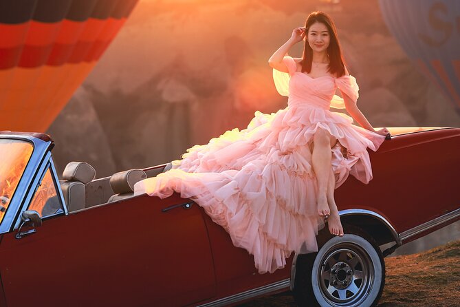 Cappadocia Private Photo Shoot with Flying Dress & Vintage Car - Stop 1: the balloon takeoff area, tea or coffee, and balloon rise photos