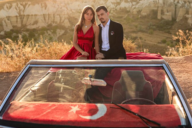 Cappadocia Private Photo Shoot with Flying Dress & Vintage Car - Stops 2 and 3: vintage car portraits and flying dress moments between views