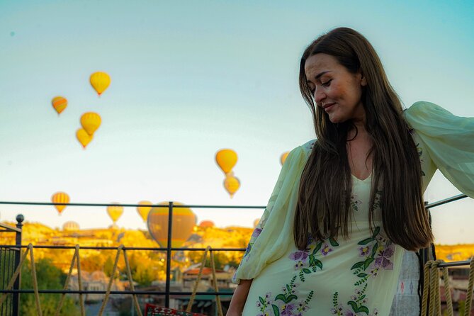 Cappadocia Rooftop Photoshoot with Hot Air Balloons - Balloon Backdrops Plus Your “Many Looks” Option